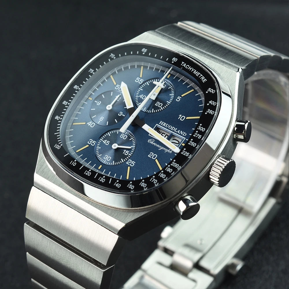 Hruodland New F022 Retro Quartz Chronograph Men Watches Sapphire Glass Blue Black Stainless Steel Fashion Dress Wristwatch