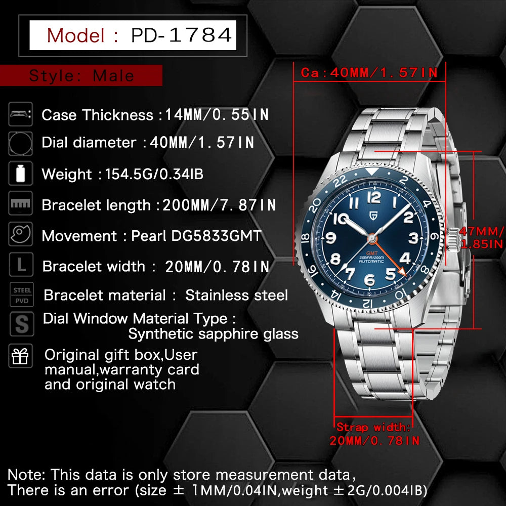 PAGANI DESIGN PD1784 NH34 NEW GMT Automatic Watch Motion Mechanical Watch Stainless Steel Sapphire Glass Waterproof reloj hombre