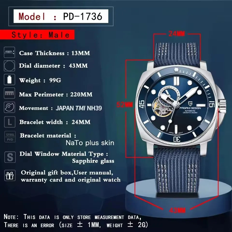 PAGANI DESIGN 2026 Original 43MM Men's Automatic Mechanical Watch NH39 200M Waterproof AR Sapphire Mirror Watches For Men ﻿