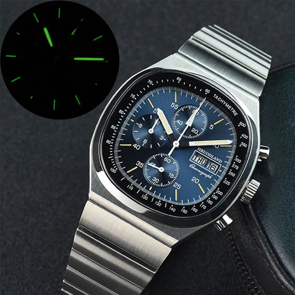 Hruodland New F022 Retro Quartz Chronograph Men Watches Sapphire Glass Blue Black Stainless Steel Fashion Dress Wristwatch