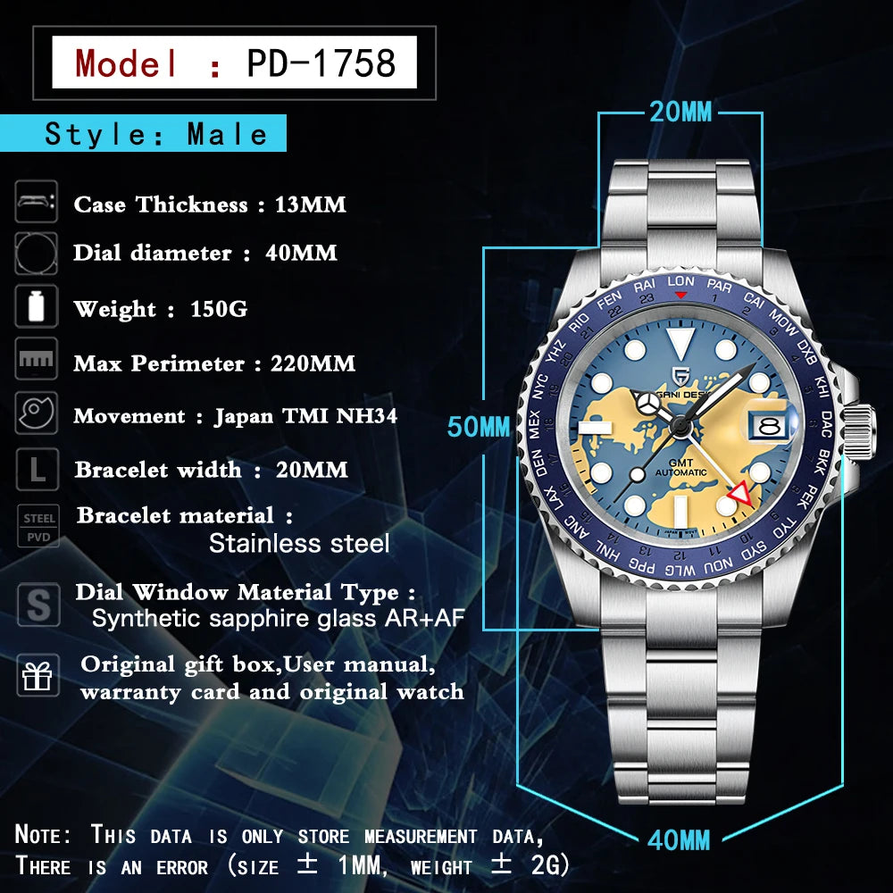 PAGANI DESIGN GMT NH34 Luxury Men Mechanical Wristwatch Ceramic Bezel Waterproof Automatic Watches Men's Business Reloj Hombre