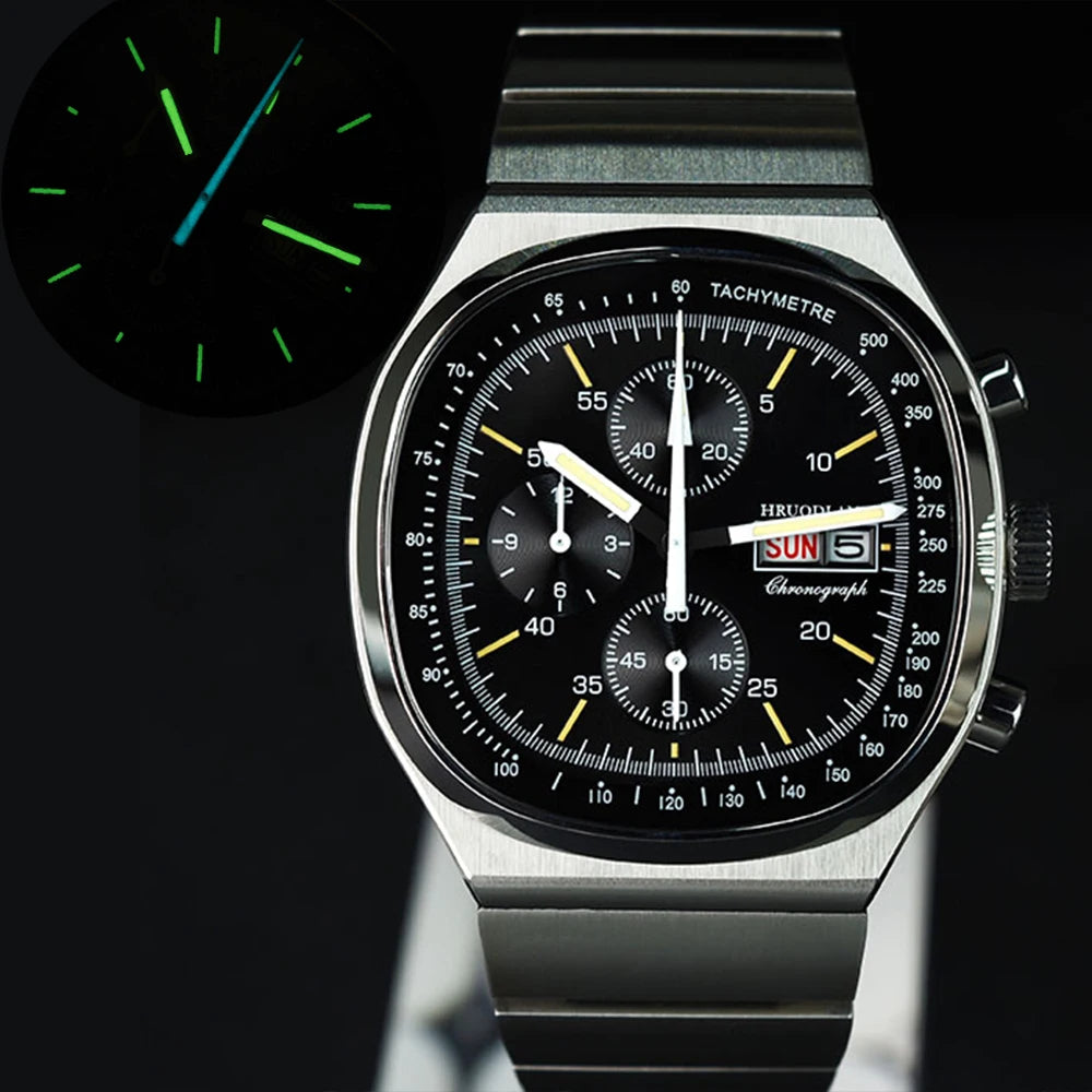 Hruodland New F022 Retro Quartz Chronograph Men Watches Sapphire Glass Blue Black Stainless Steel Fashion Dress Wristwatch