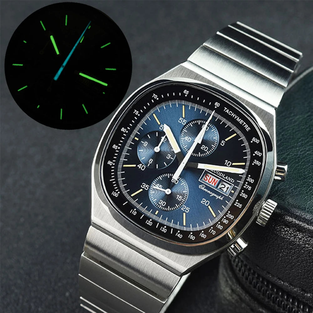 Hruodland New F022 Retro Quartz Chronograph Men Watches Sapphire Glass Blue Black Stainless Steel Fashion Dress Wristwatch