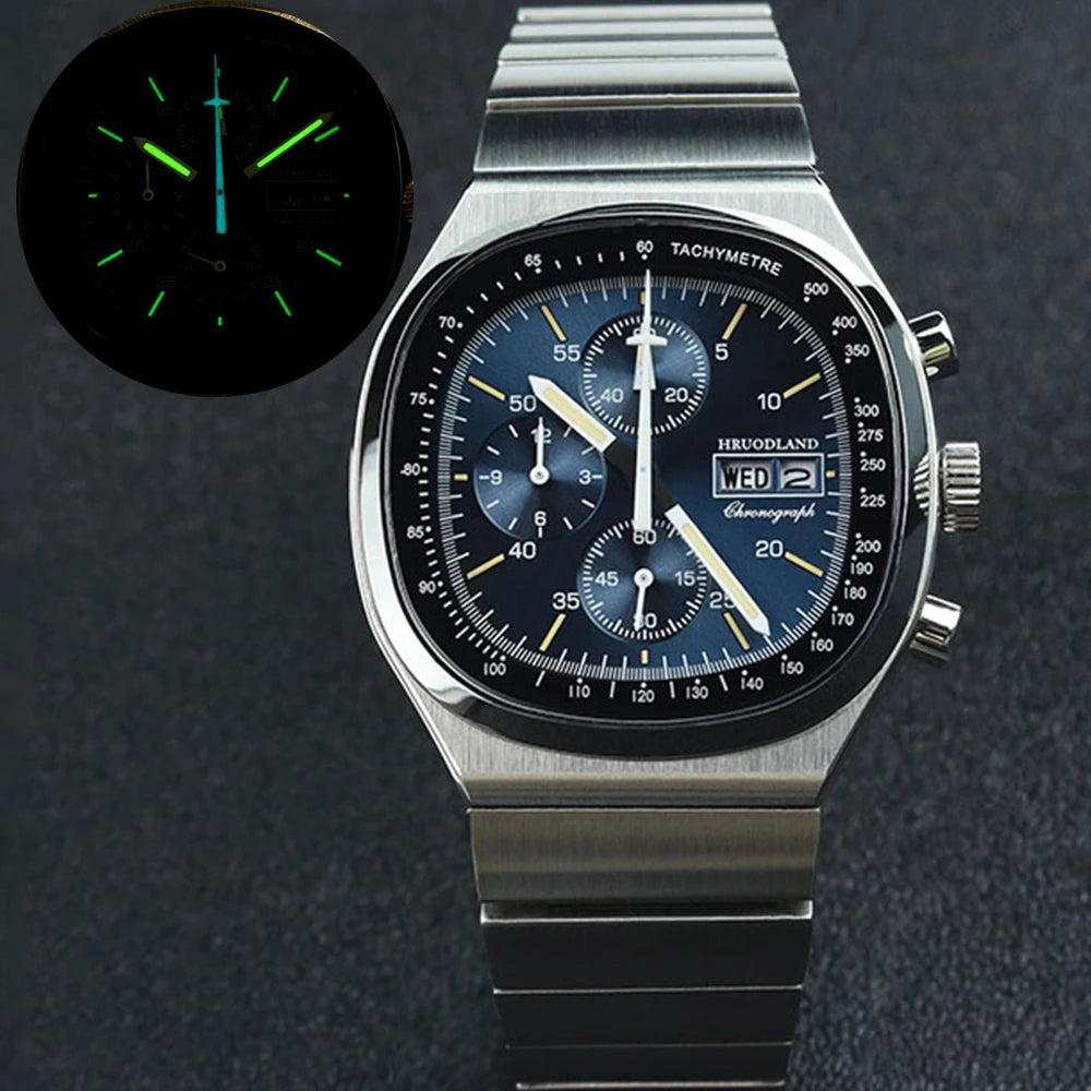 Hruodland New F022 Retro Quartz Chronograph Men Watches Sapphire Glass Blue Black Stainless Steel Fashion Dress Wristwatch