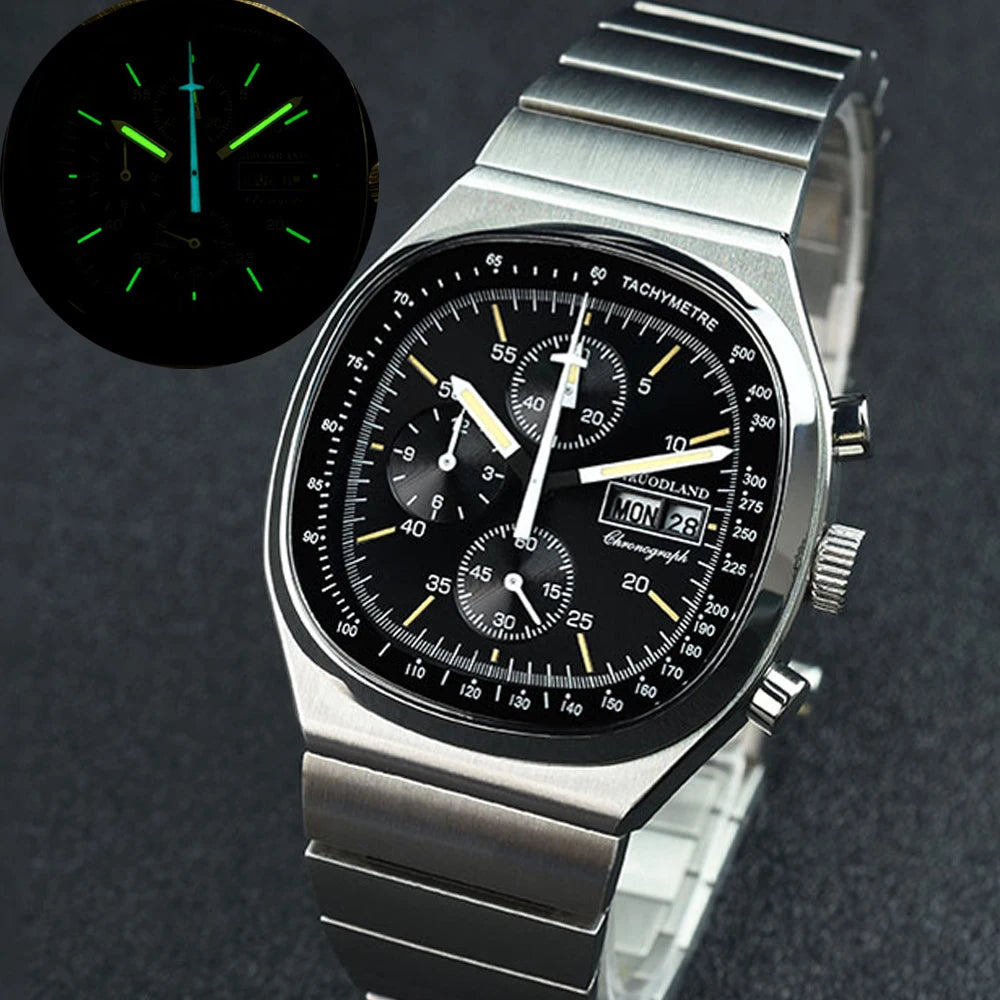 Hruodland New F022 Retro Quartz Chronograph Men Watches Sapphire Glass Blue Black Stainless Steel Fashion Dress Wristwatch