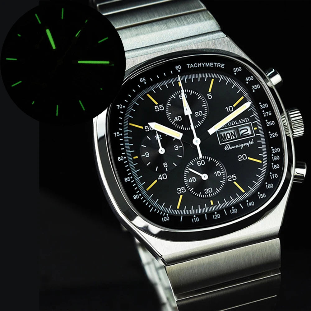 Hruodland New F022 Retro Quartz Chronograph Men Watches Sapphire Glass Blue Black Stainless Steel Fashion Dress Wristwatch
