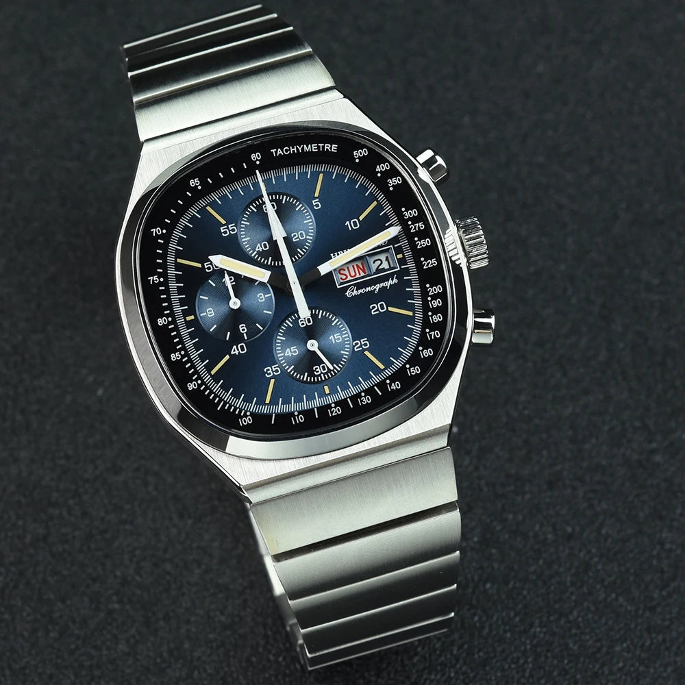 Hruodland New F022 Retro Quartz Chronograph Men Watches Sapphire Glass Blue Black Stainless Steel Fashion Dress Wristwatch