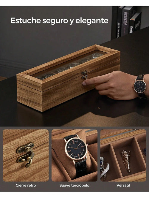 Caja para Relojes Songmics 6 Slots Madera Nogal con Tapa de Cristal Almohadillas Extraíbles Organizador Elegante