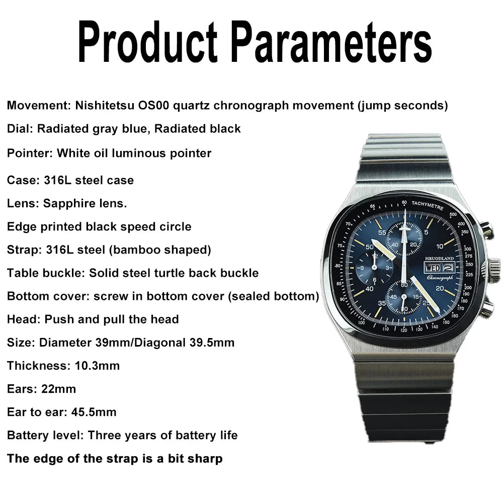 Hruodland New F022 Retro Quartz Chronograph Men Watches Sapphire Glass Blue Black Stainless Steel Fashion Dress Wristwatch